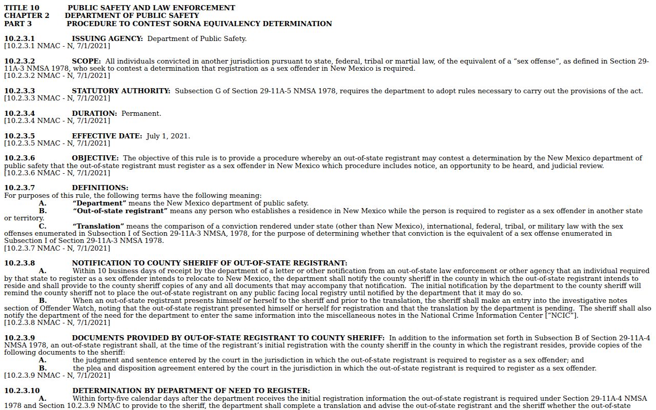 Harding County sex offender registry New Mexico administration rule