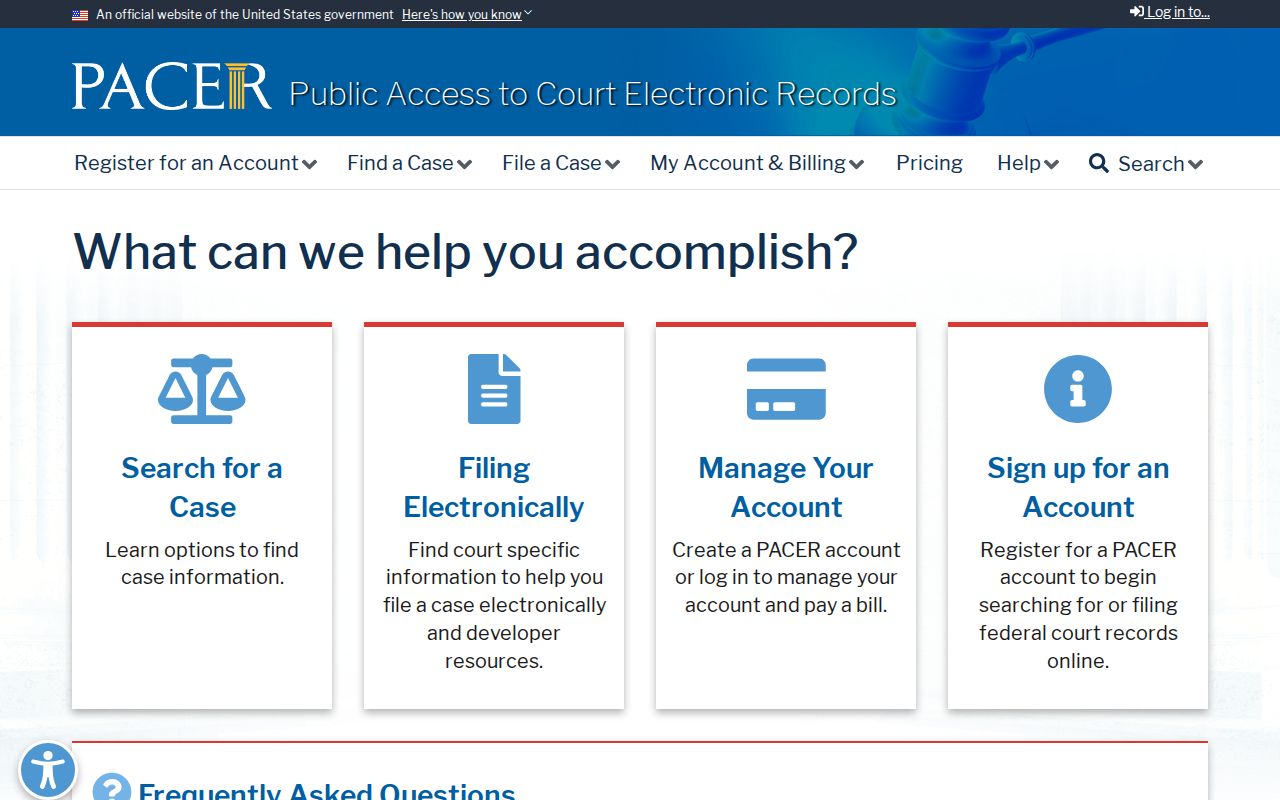 PACER federal court case records access page