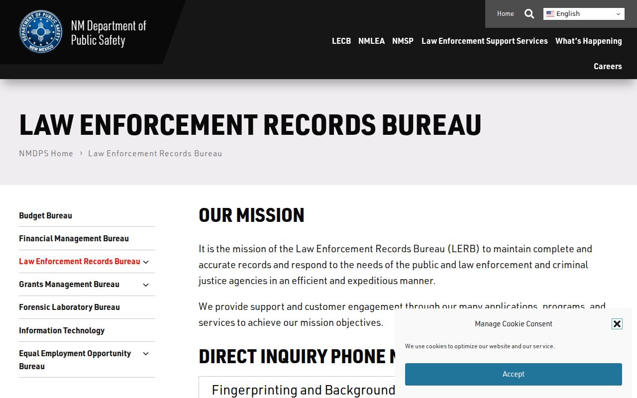 New Mexico DPS Law Enforcement Records Bureau services page
